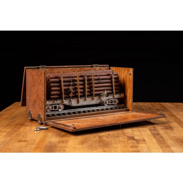 Vintage railroad logging car salesman sample demonstrating a quick-release tension system used to keep traveling logs snug...