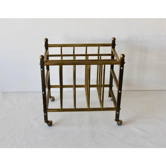Metal Hollywood Regency Brass Canterbury Book Magazine Rack Crate With Ball Castor Sphere Finials Detail Vintage For Sale - Image 7 of 10