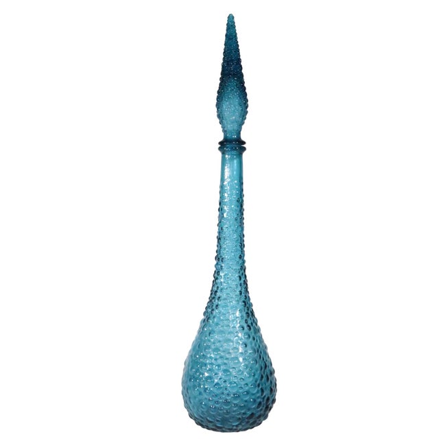 Mid 20th Century Vintage Empoli Genie Teal Blue Dimpled Bottle With Stopper Made in Italy C. 1960's For Sale - Image 5 of 12