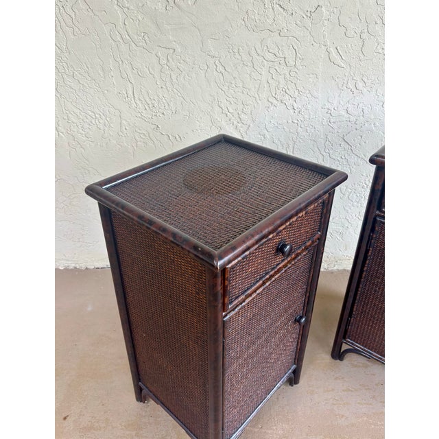 Ornamental & Decorative Materials Pair Vintage British Colonial Faux Burnt Bamboo & Cane Nightstands For Sale - Image 7 of 12