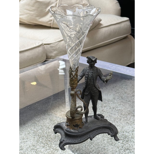 Early 20th Century Rococo Revival Figural Spelter and Etched Glass Trumpet Vase, Antique For Sale - Image 5 of 16