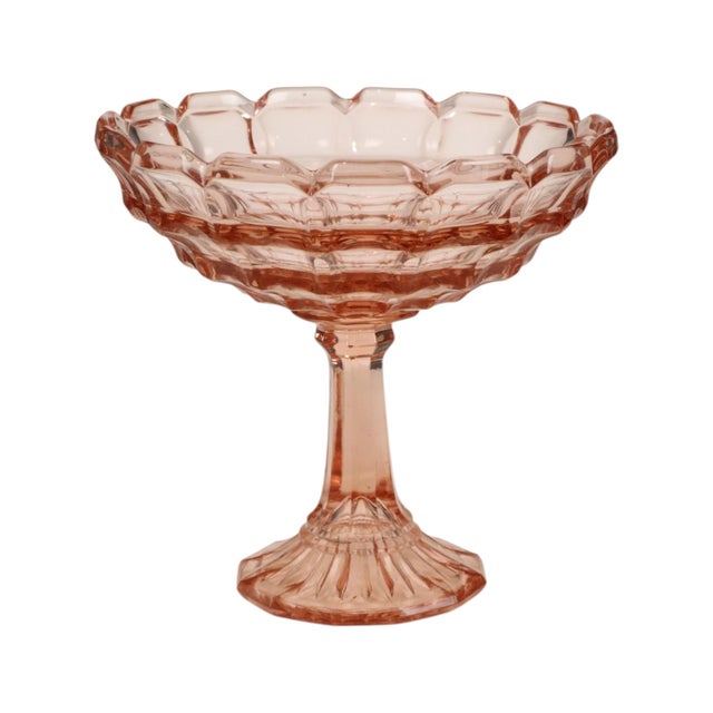 Art Deco pedestal fruit bowl in pink (or 'rosaline') pressed glass; the design is attributed to the Belgian glassworks at...