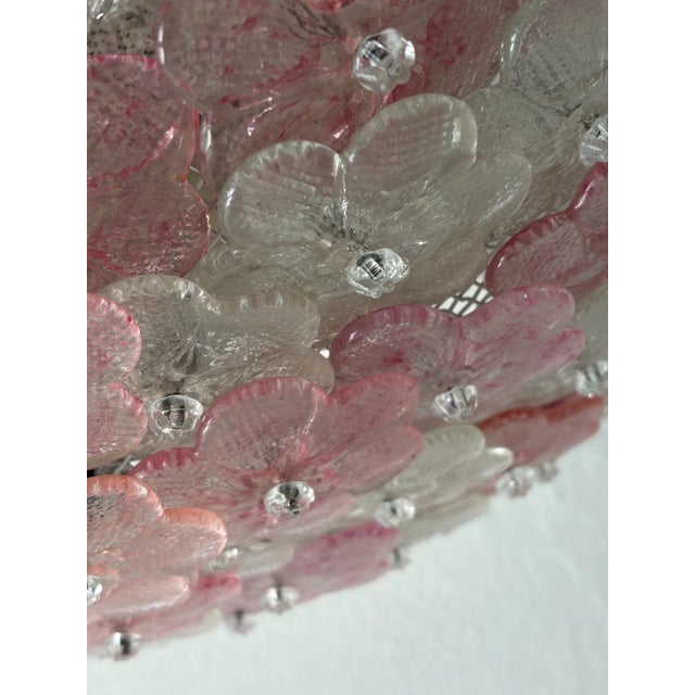 Toso Murano 1950s Big Pink & Clear Barovier Toso Midcentury Murano Flowers Flush Mount Chandelier For Sale - Image 4 of 10