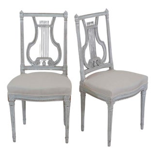 Pair of Antique French Neoclassical Painted Chairs in Antique Linen For Sale