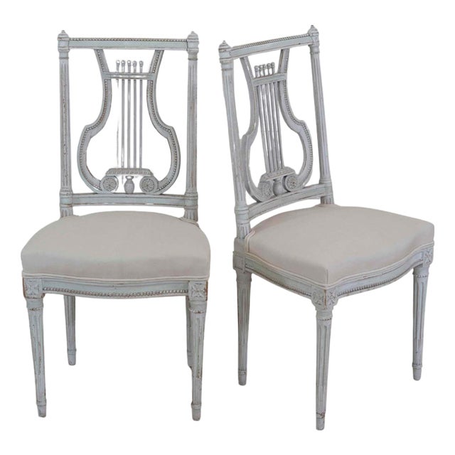 Pair of Antique French Neoclassical Painted Chairs in Antique Linen For Sale