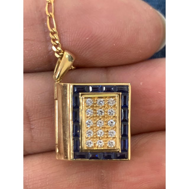 Contemporary Sapphire & Diamond Photo Frame Book Pendant 8 Mother of Pearl Leaves 18K Gold For Sale - Image 3 of 18