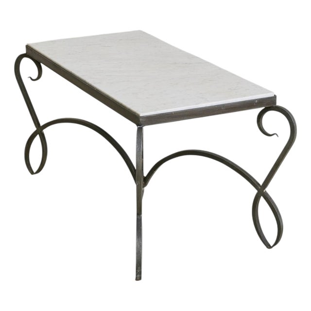 French Iron + White Marble Coffee Table, 1940s For Sale
