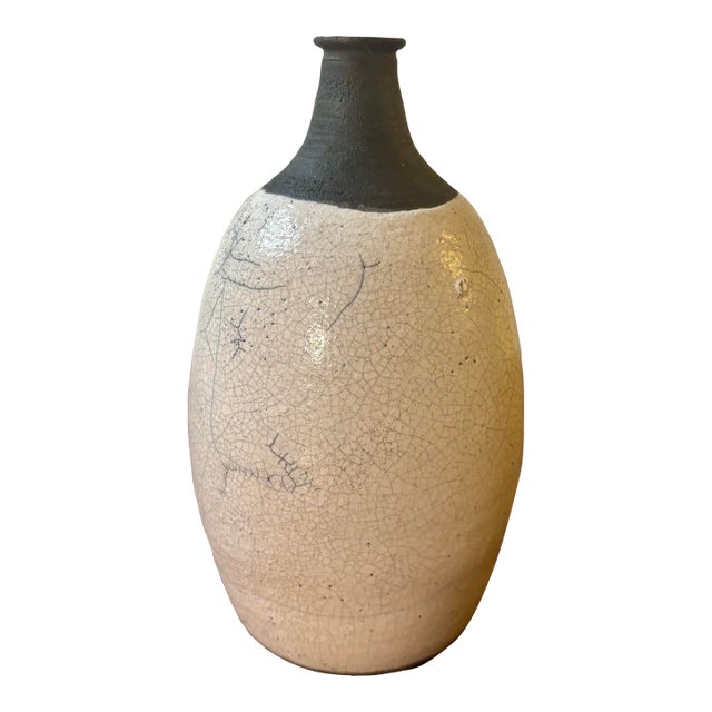 Vintage Mid-Century Modern Studio Ceramic Crackle Glaze Vase Signed For Sale