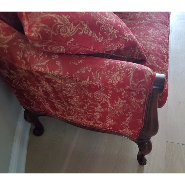 French Hickory Chair Louis XV Style Camelback Loveseat Settee in Red & Gold Damask For Sale - Image 3 of 5
