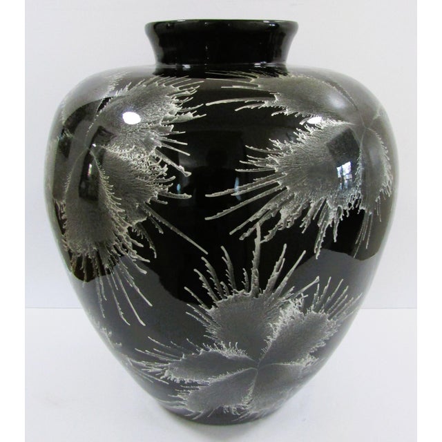Asian Vintage 1960s Large Black Lacquer Over Bamboo Urn Vase With Silver Floral Design For Sale - Image 3 of 9