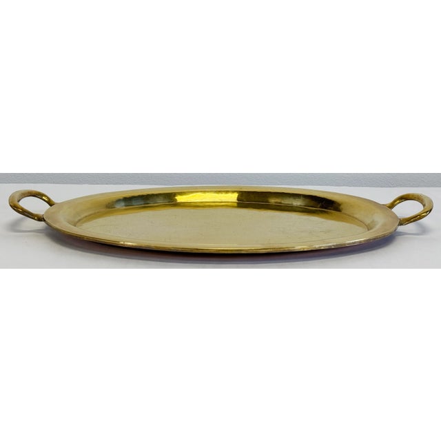 Hollywood Regency Vintage Large Oval Brass Handled Tray For Sale - Image 3 of 7
