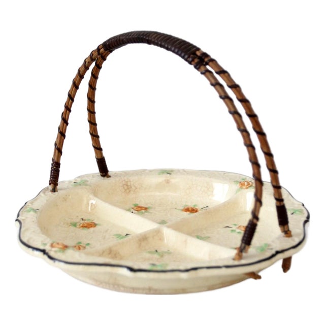 Vintage Japanese Floral Porcelain Serving Dish With Handle For Sale