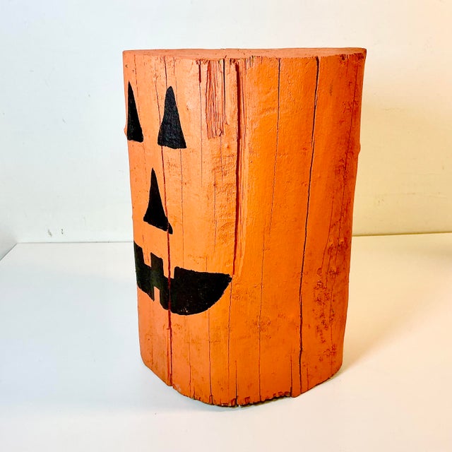Pumpkin Vintage Americana Folk Art Boho Chic Wood Stump Jack-O-Lantern Low Stool - Halloween For Sale - Image 8 of 11