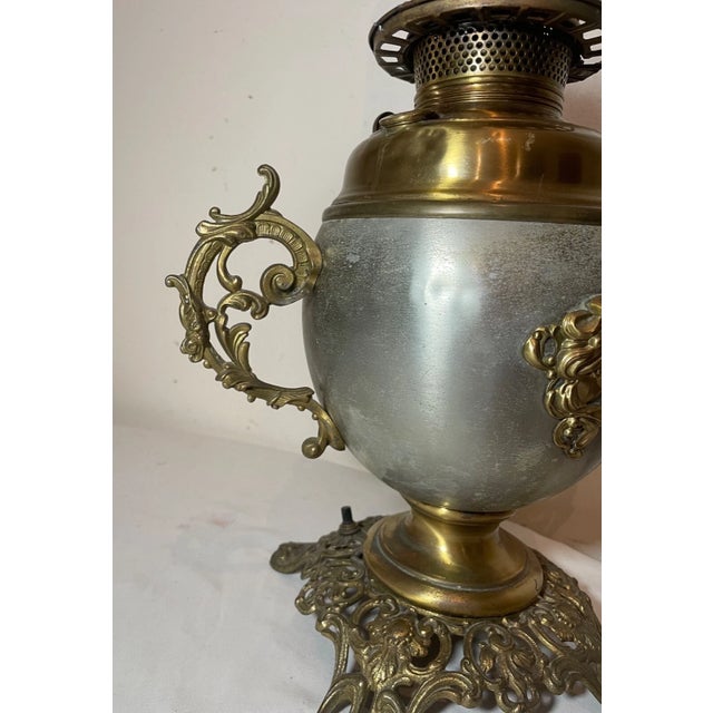 19th Century Antique Ornate 1800's Converted Art Nouveau Brass Glass Oil Table Parlor Lamp For Sale - Image 5 of 11