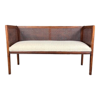 Mid Century Modern Upholstered Walnut & Cane Bench / Settee For Sale