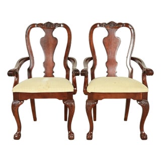Thomasville Chippendale Carved Cherry Wood Armchairs, Pair For Sale