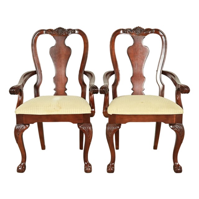 Thomasville Chippendale Carved Cherry Wood Armchairs, Pair For Sale