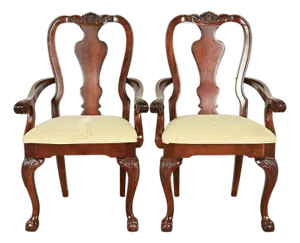 Thomasville Chippendale Carved Cherry Wood Armchairs, Pair