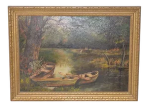 Vintage Oil Painting "Canoes on the River" C.1930s
