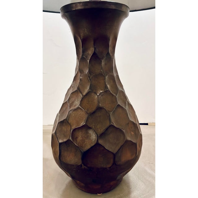 Stylish Arteriors Antique Copper Honeycomb Sola Table Lamp, chocolate brown fabric shade, showroom floor sample