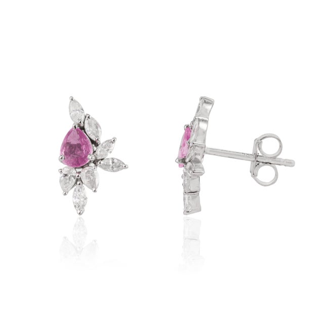 14k Gold Natural Pink Sapphire & Diamond Artistic Cluster Stud Earrings- A Pair For Sale - Image 4 of 14