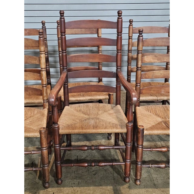 Set of 6 Antique New England Ladderback Style Dining Chairs With Rush Seats For Sale - Image 4 of 8