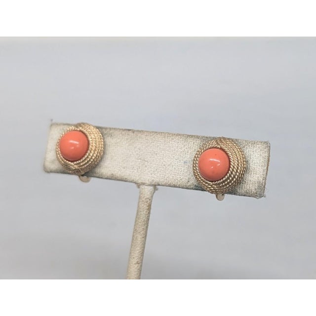 1960s Vintage Signed Ciner Round Goldtone Cabochon Faux-Coral Clip Earrings-2 Pieces For Sale - Image 5 of 8