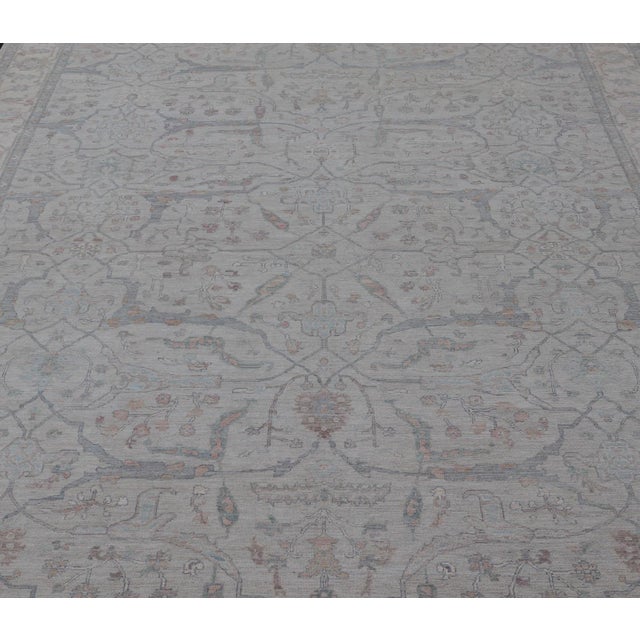 Very Large Modern Oushak on Light Gray Background With Blue 13'4 X 20' For Sale In Atlanta - Image 6 of 12