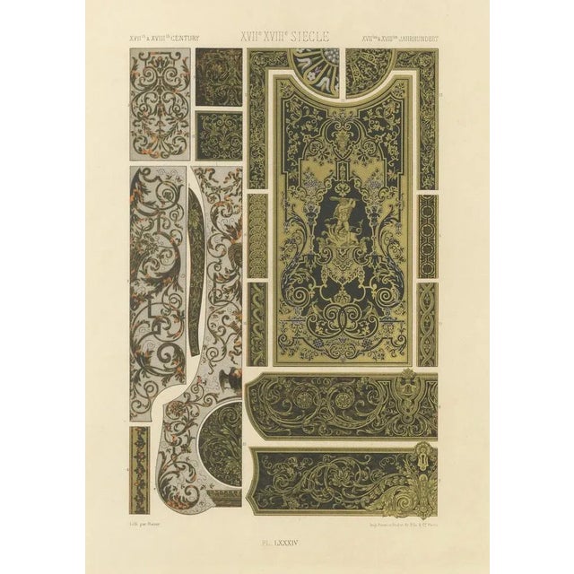 Black After Racinet, 17th-18th Century French Decorative Panels with Gilded Scrollwork and Inlay, 1869, Print For Sale - Image 8 of 10