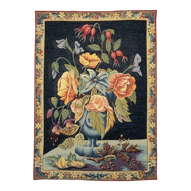 Floral Vase - Blue Loom Woven Tapestry - 200 X 145 Cm (6'7" X 4'9") - Requires Rod Size 4 For Sale