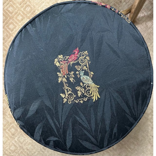 Pair of Vintage Rattan Counter Stools With Embroidered Aviary Seats For Sale - Image 11 of 11