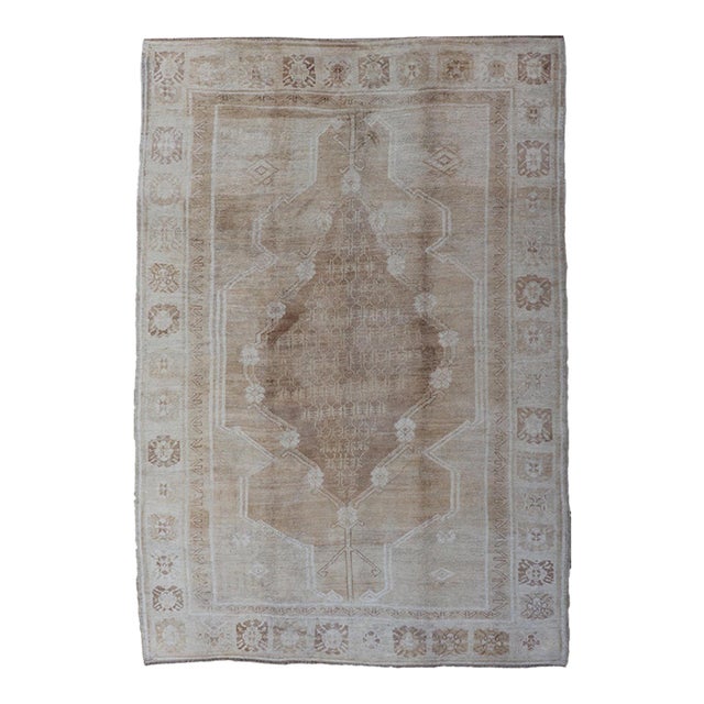 Vintage Oushak Rug With Soft Beige, Warm Taupe, and Ivory Tones For Sale