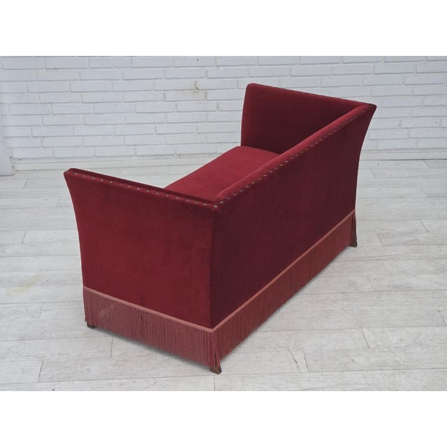 Wood Danish 2-Seater Sofa in Cherry-Red Velour, 1970s For Sale - Image 7 of 17