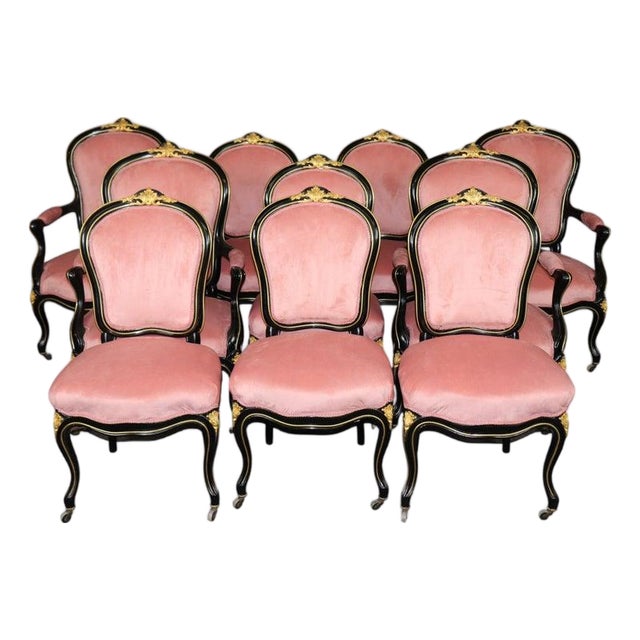 10 Louis XV Style 19th C. Ebonized & Bronze Mounted Dining Chairs For Sale
