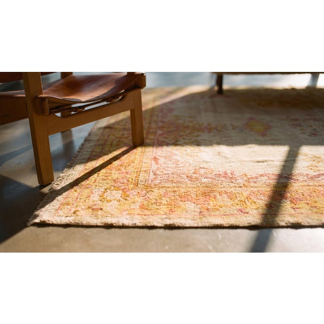 Stunning Ivory Field Color Intricate Geometric Design Antique Oushak Turkish Rug For Sale - Image 14 of 15
