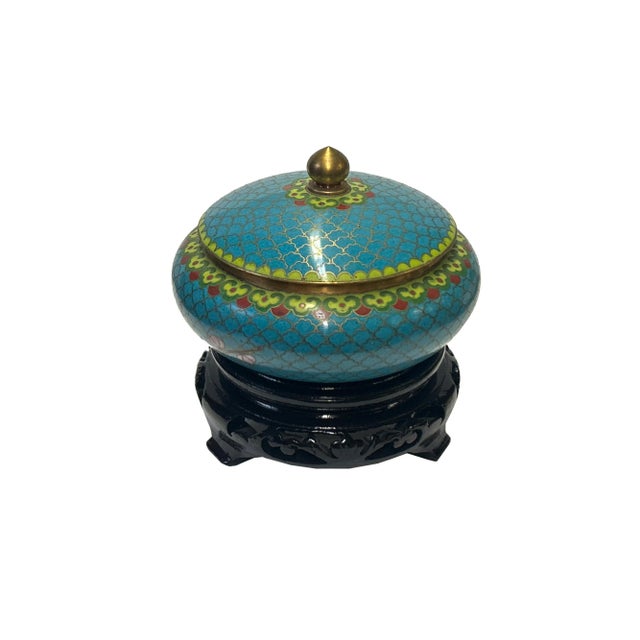 Chinese Teal Turquoise Metal Cloisonné Blossom Flower Theme Round Box For Sale - Image 4 of 6