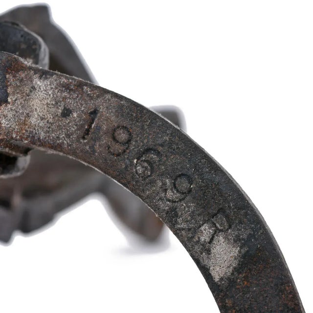 Metal Pair of Fire Dogs Andirons With Hammered Texture and Cannonball Crown For Sale - Image 7 of 8