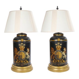 Pair of English Late 19th-Century Black Painted Tole Canister Table Lamps For Sale