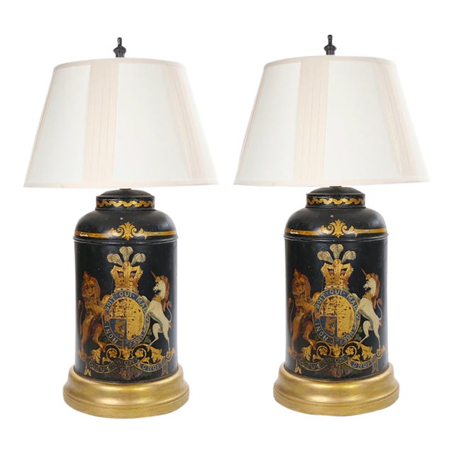 Pair of English Late 19th-Century Black Painted Tole Canister Table Lamps For Sale