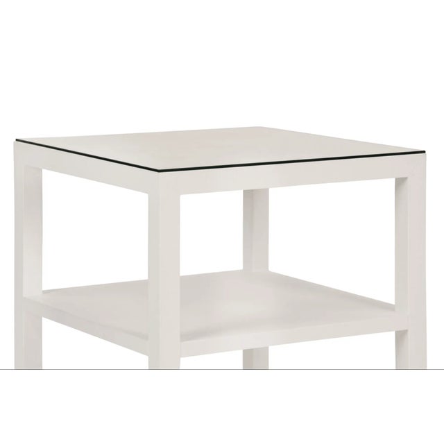 Worlds Away Matthew Izzo Home Amie Textured White Linen Three Tier Square Side Table With Glass Top For Sale - Image 4 of 6