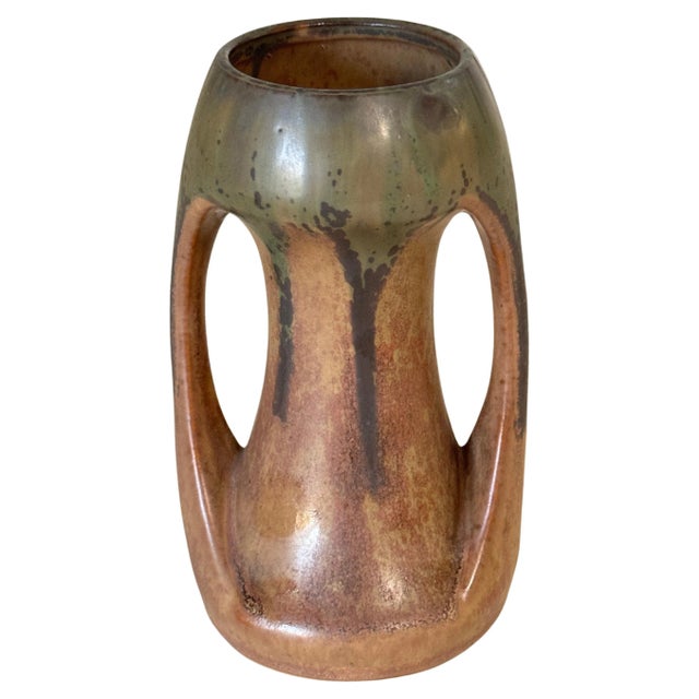 Brown and Green Color Stoneware Enameled Vase with 2 Handles, France, 1960s For Sale - Image 9 of 9