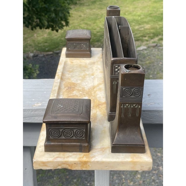 Fine Antique Bronze Double Inkwell on Marble Stone Art Nouveau Arts Crafts Desk For Sale - Image 6 of 14