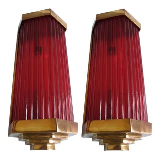 Vintage Art Deco Light Old Lamp Wall Sconces Fixture Brass & Red Glass Rod Ship Light - Pair For Sale
