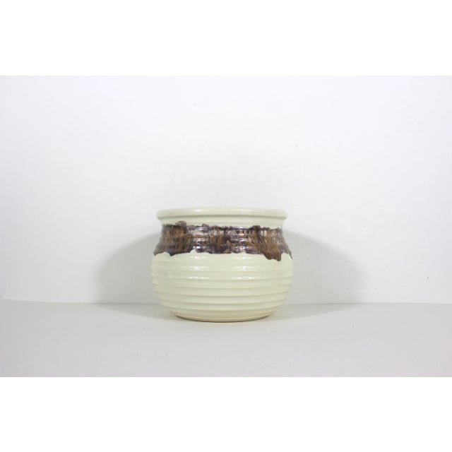 1970’s Handmade Indoor Pottery Planter With Drip Glaze Cream With Brown Purple Glaze For Sale - Image 4 of 7