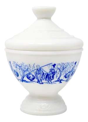 Vintage Made in Belgium Milk Glass Dish With Blue and White Asian Motif