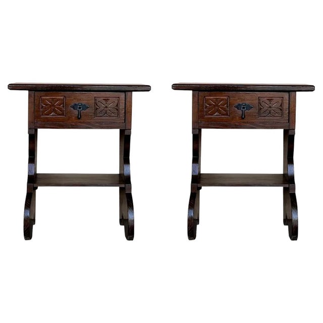Wood Mid 20th Century Pair of Narrow Spanish Nightstands with Carved Drawer and Low Shelve For Sale - Image 7 of 18