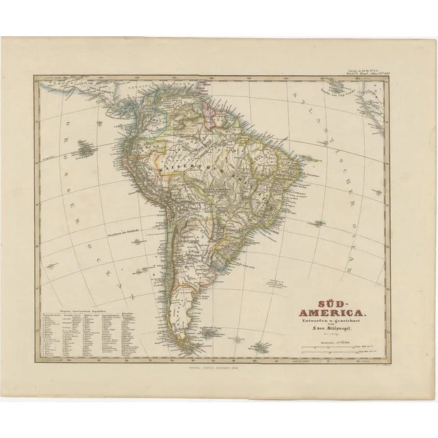 Original antique map titled 'Süd-America'. Beautiful old map of South America, with many details and legend. This map...