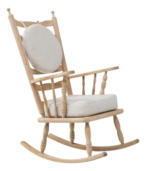 20th Century French Spindle-Back Oak Rocking Chair with Bouclé Cushions