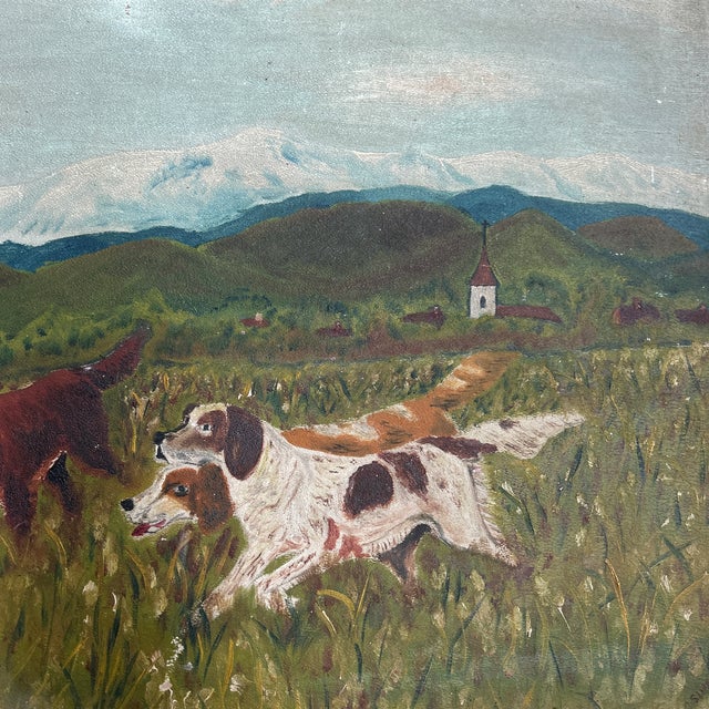 Impressionist 1940’s Original Folk Art Dogs Running Through Field Landscape Painting For Sale - Image 3 of 8