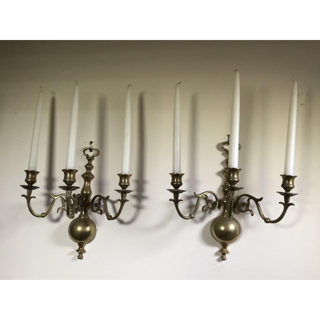 Baroque Vintage Three-Light Brass Candle Wall Sconces—A Pair For Sale - Image 3 of 8
